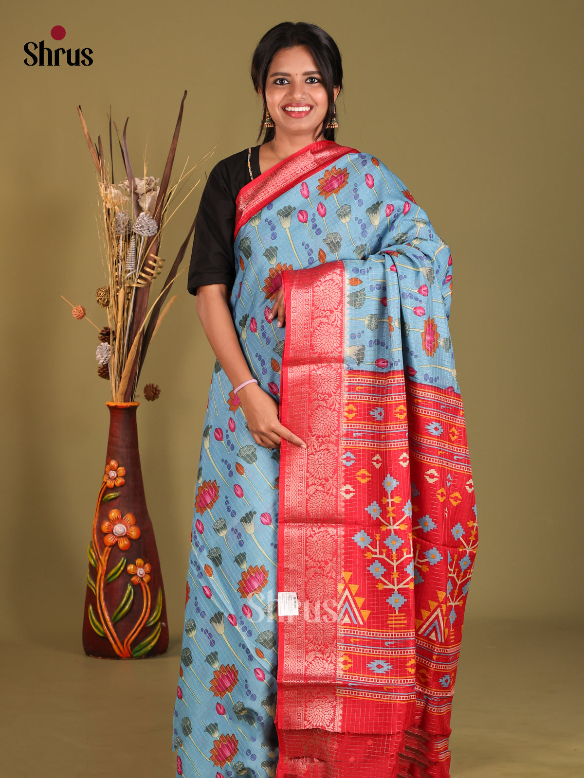 Blue & Red- Semi Dola silk Saree