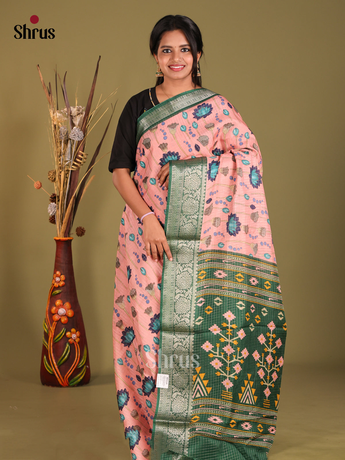 Pink & Green- Semi Dola silk Saree - Shop on Shrus.com