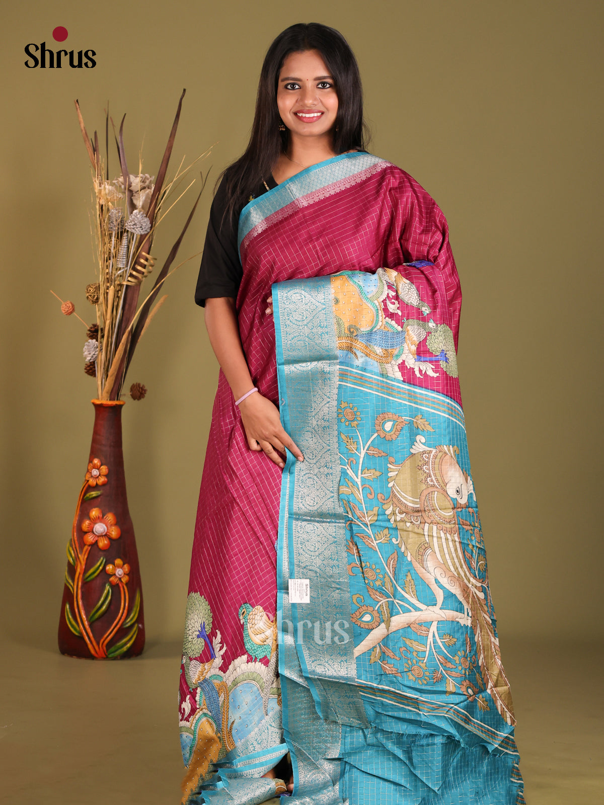 Maroon & Blue - Semi Dola silk Saree