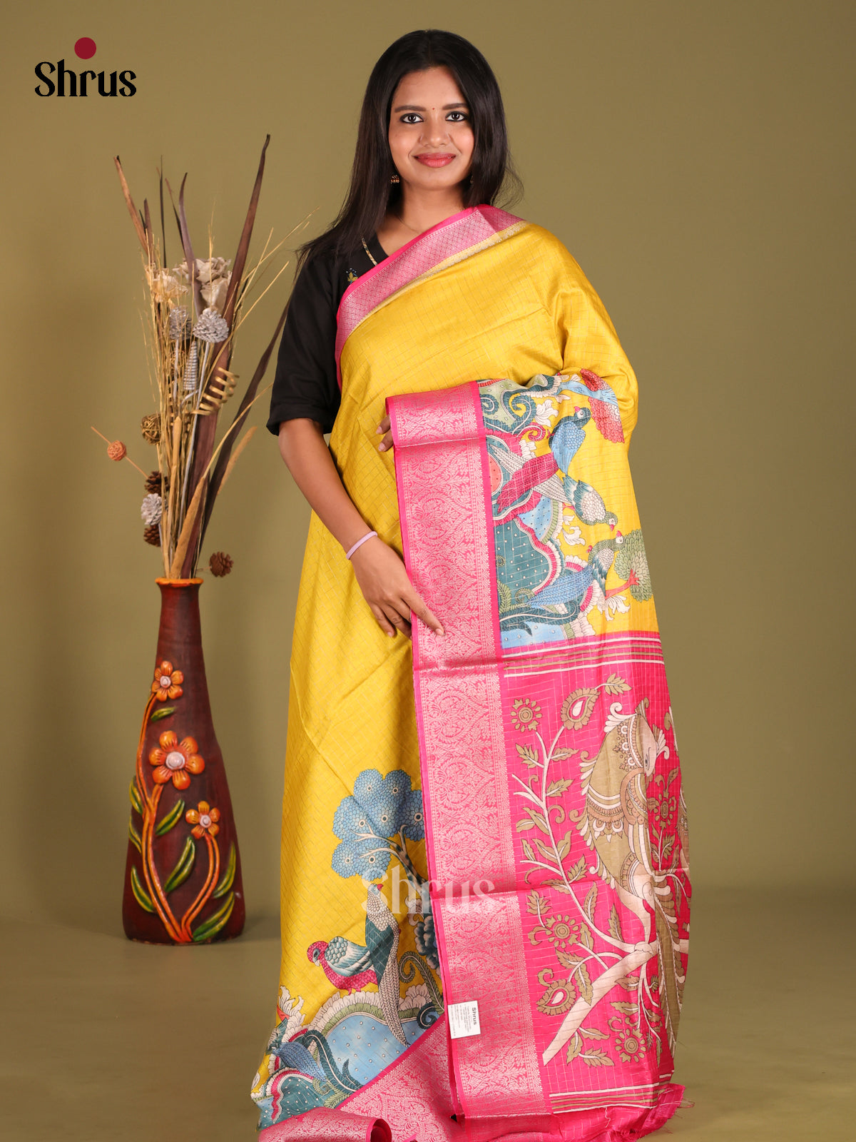 Yellow & Pink - Semi Dola silk Saree - Shop on Shrus.com