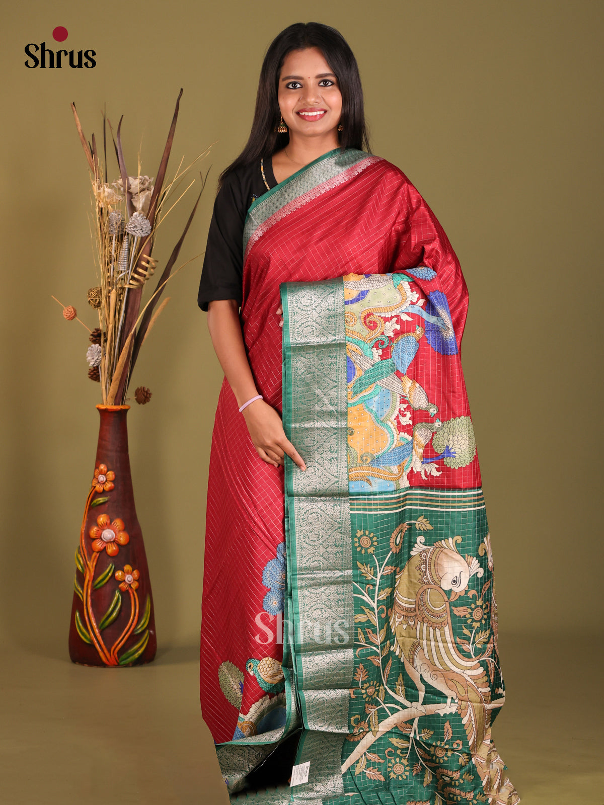 Red & Green - Semi Dola silk Saree - Shop on Shrus.com