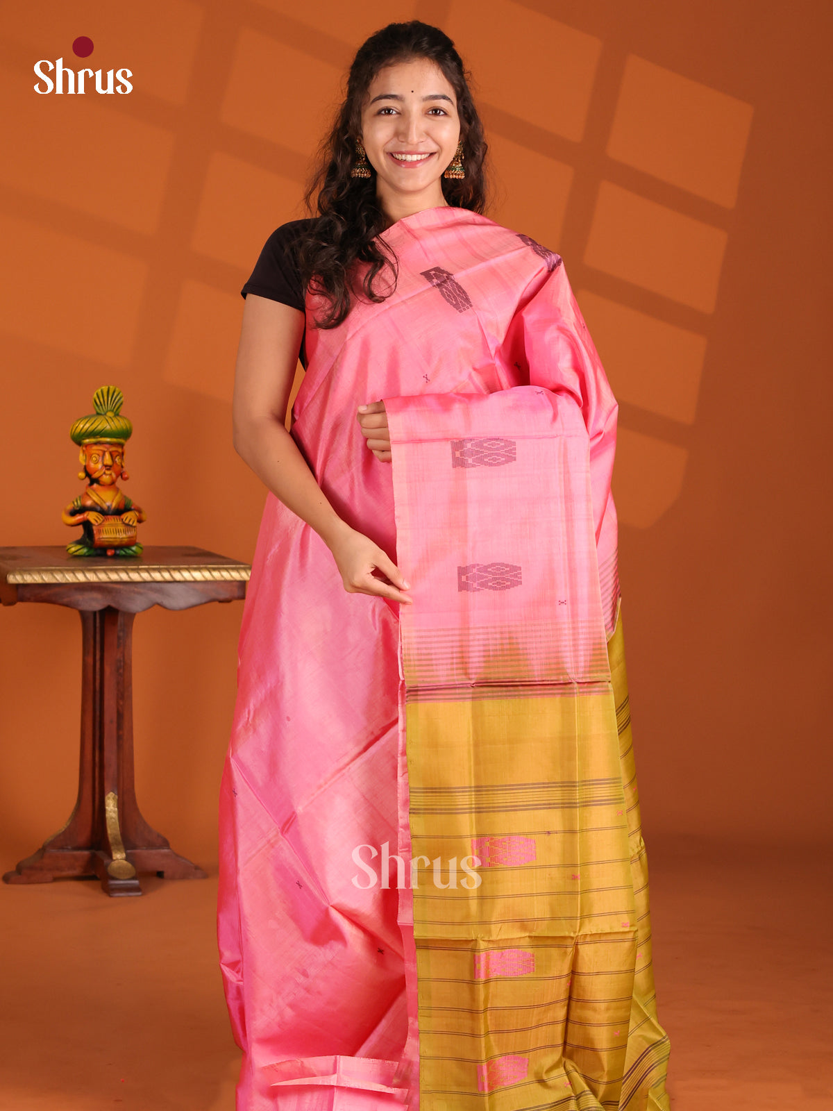 Pink & Mustard- Banana Pith Saree - Shop on Shrus.com