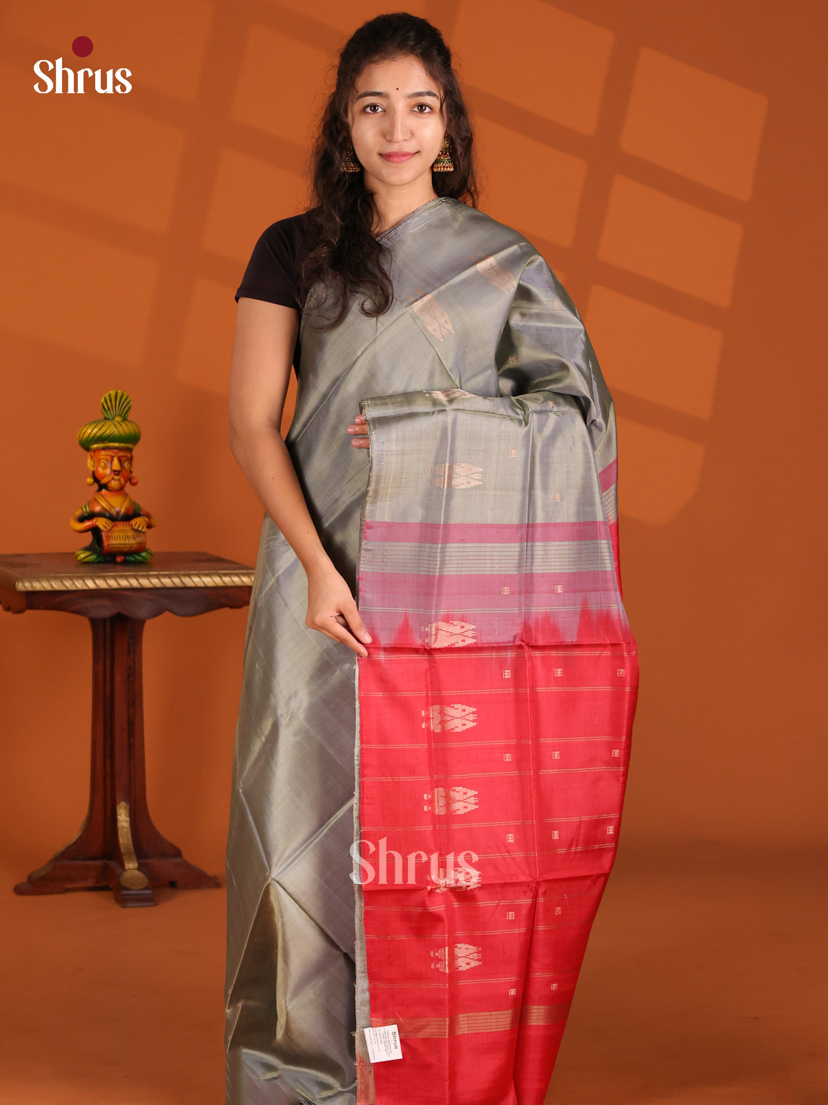 Grey & Red- Banana Pith Saree - Shop on Shrus.com