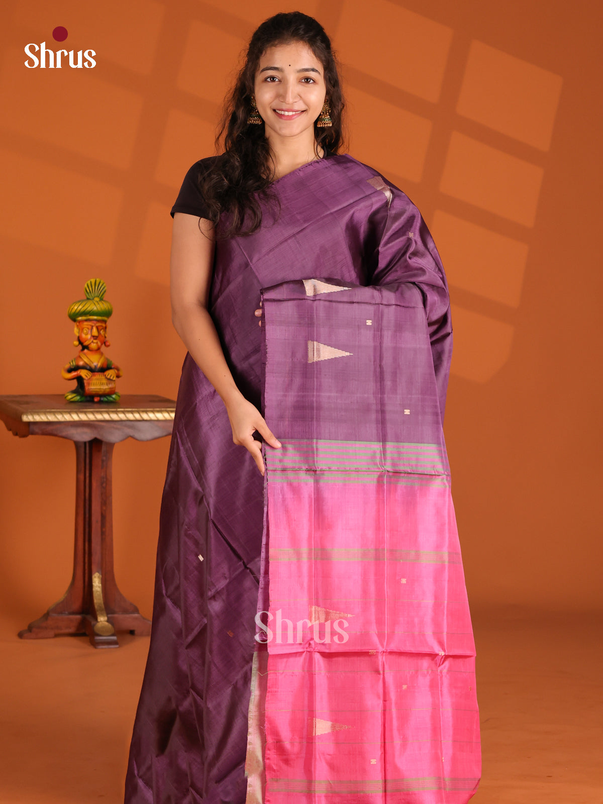 Dark Violet & Pink- Banana Pith Saree - Shop on Shrus.com