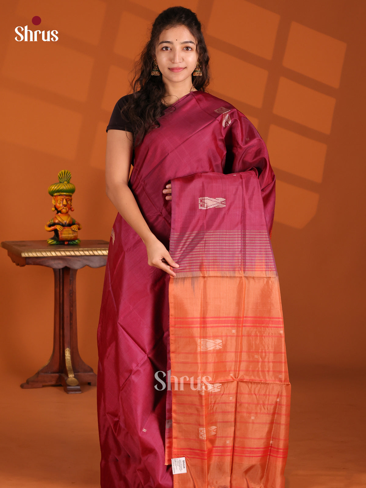 Maroon & Orange- Banana Pith Saree - Shop on Shrus.com