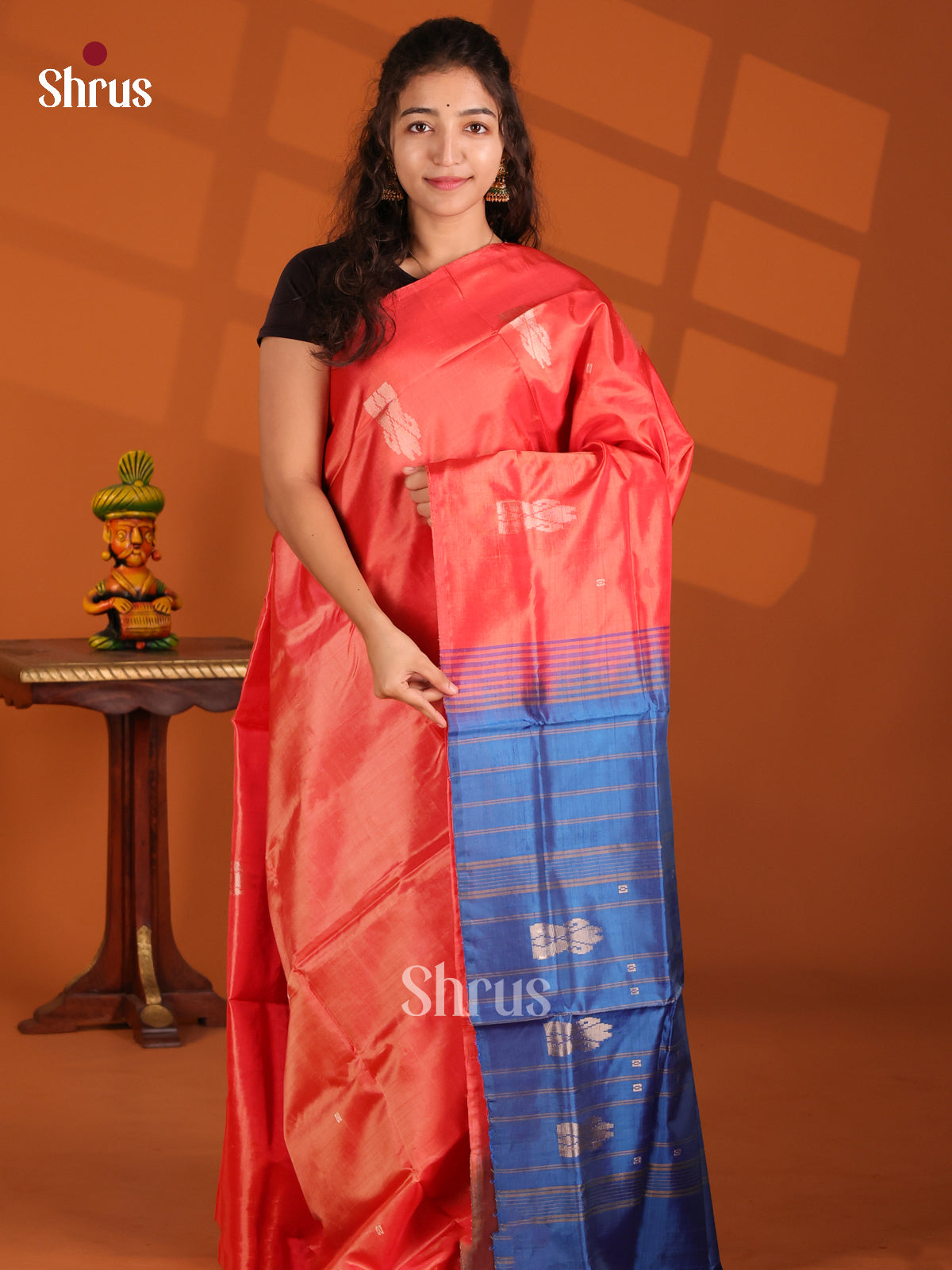 Orange & Blue - Banana Pith Saree - Shop on Shrus.com