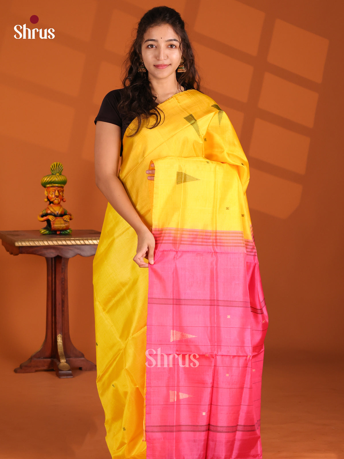 Yellow & Pink- Banana Pith Saree - Shop on Shrus.com