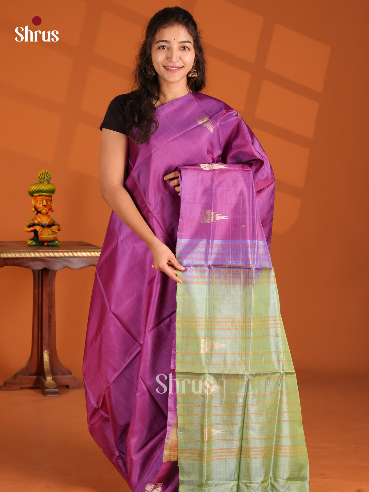 Purple & Green - Banana Pith Saree - Shop on Shrus.com