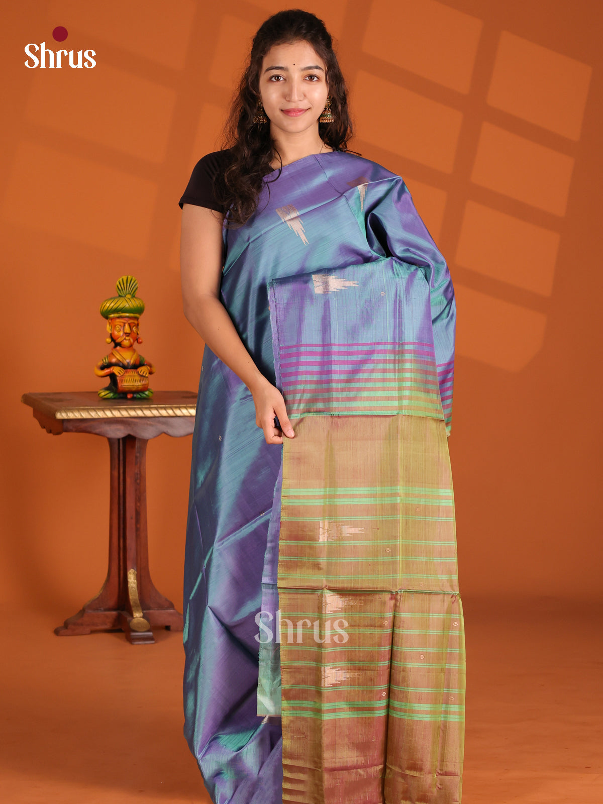 Blue & Brown - Banana Pith Saree