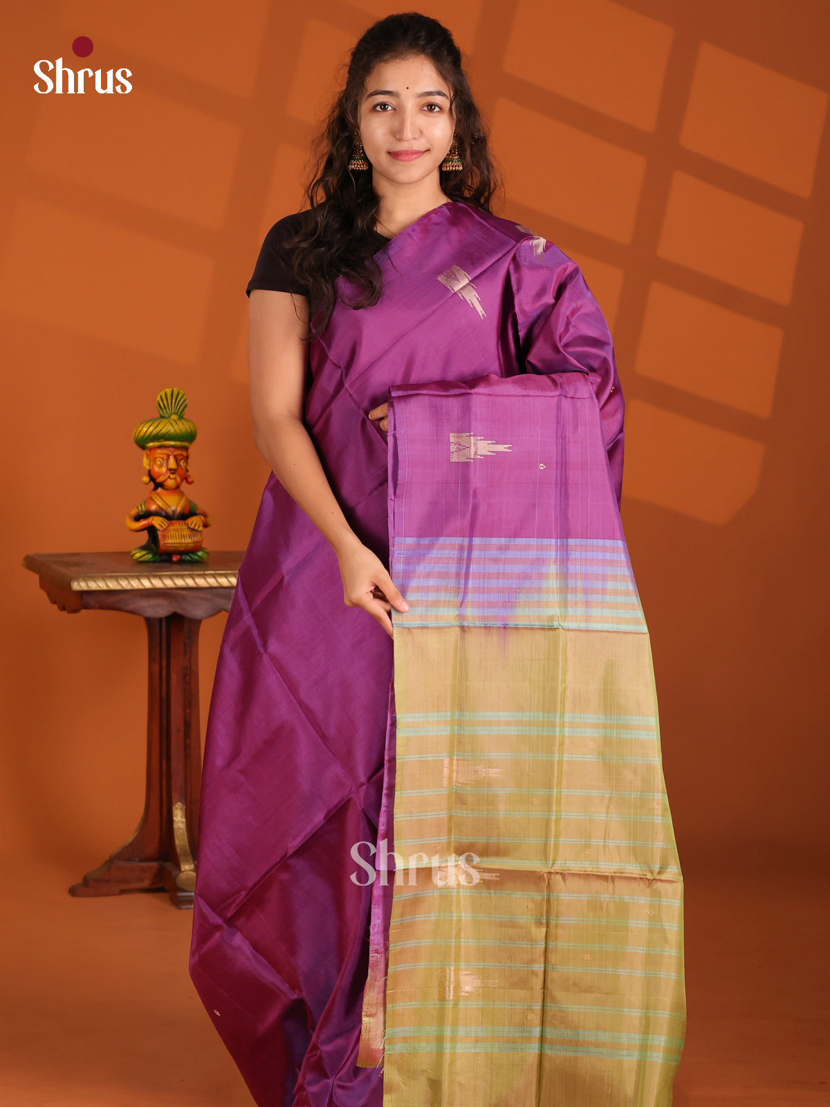 Purple & Elachi Green- Banana Pith Saree - Shop on Shrus.com