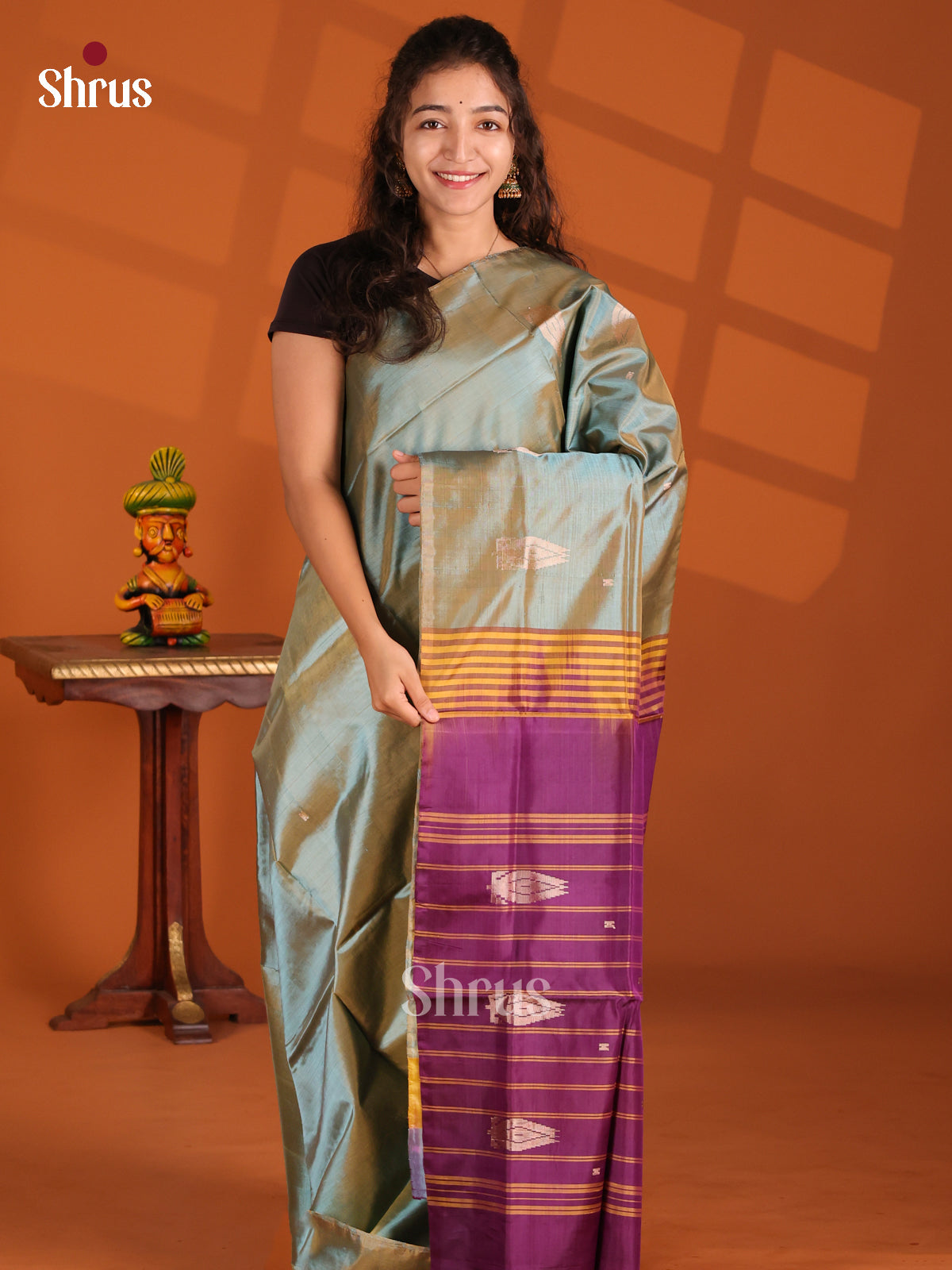 Greyish Green & Purple - Banana Pith Saree - Shop on Shrus.com