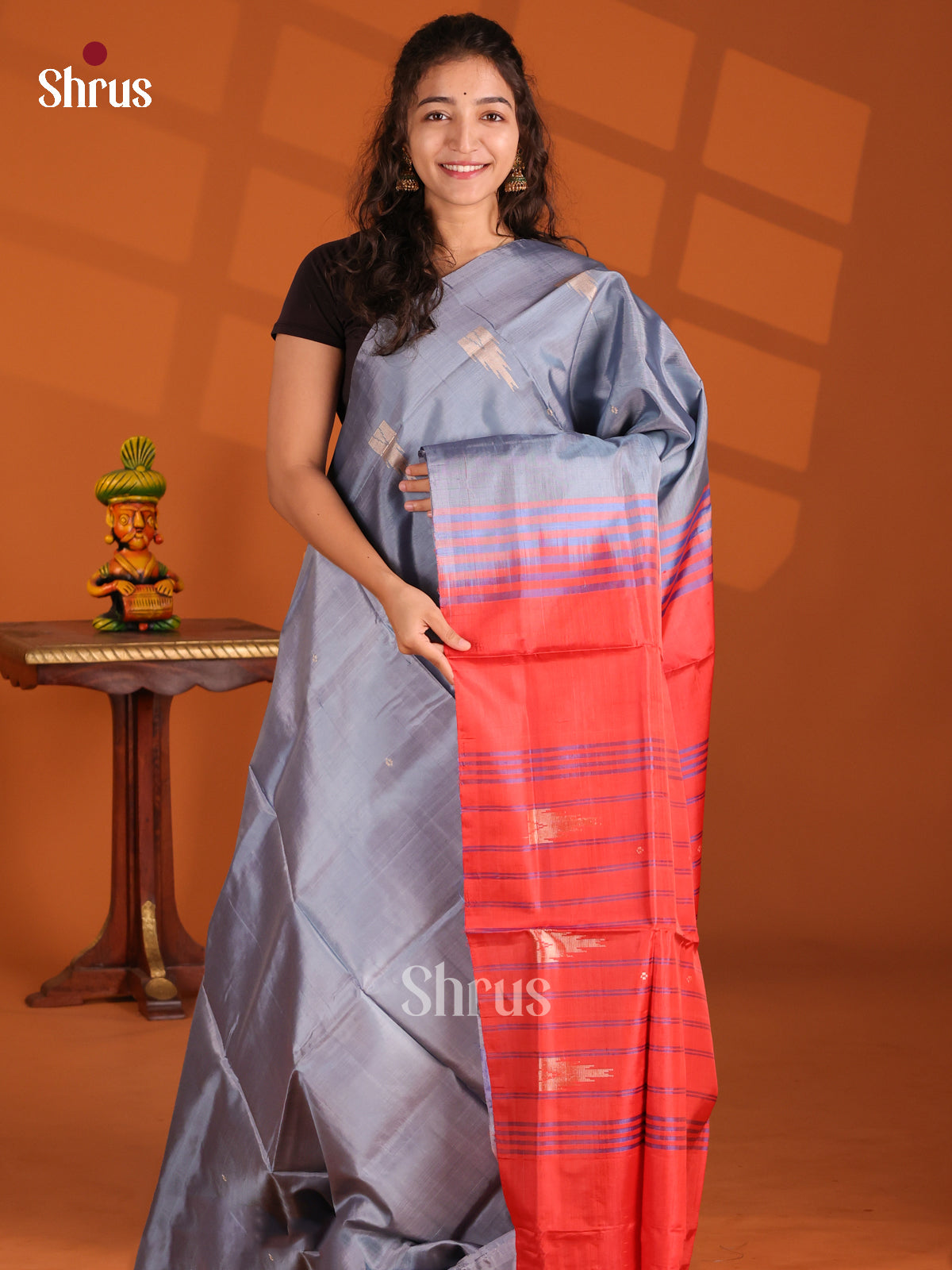 Grey & Orange- Banana Pith Saree - Shop on Shrus.com