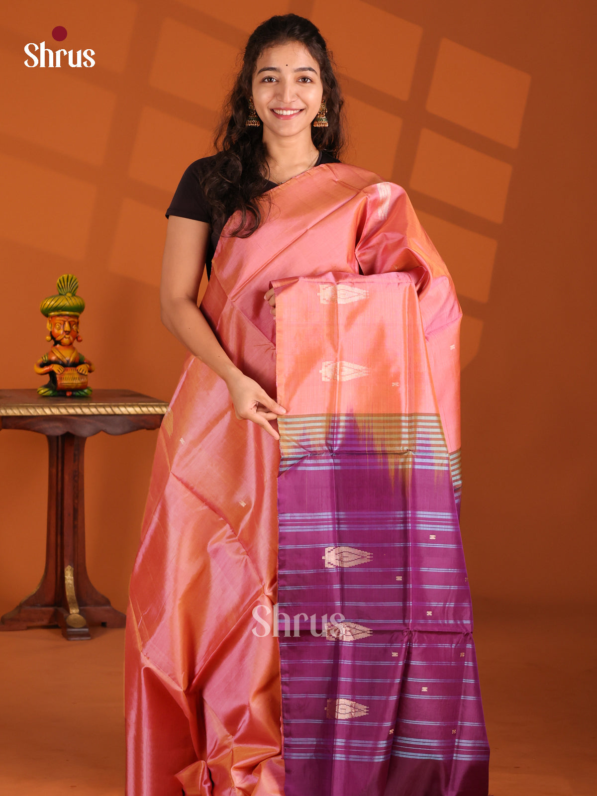 Peachish Pink & Purple- Banana Pith Saree - Shop on Shrus.com