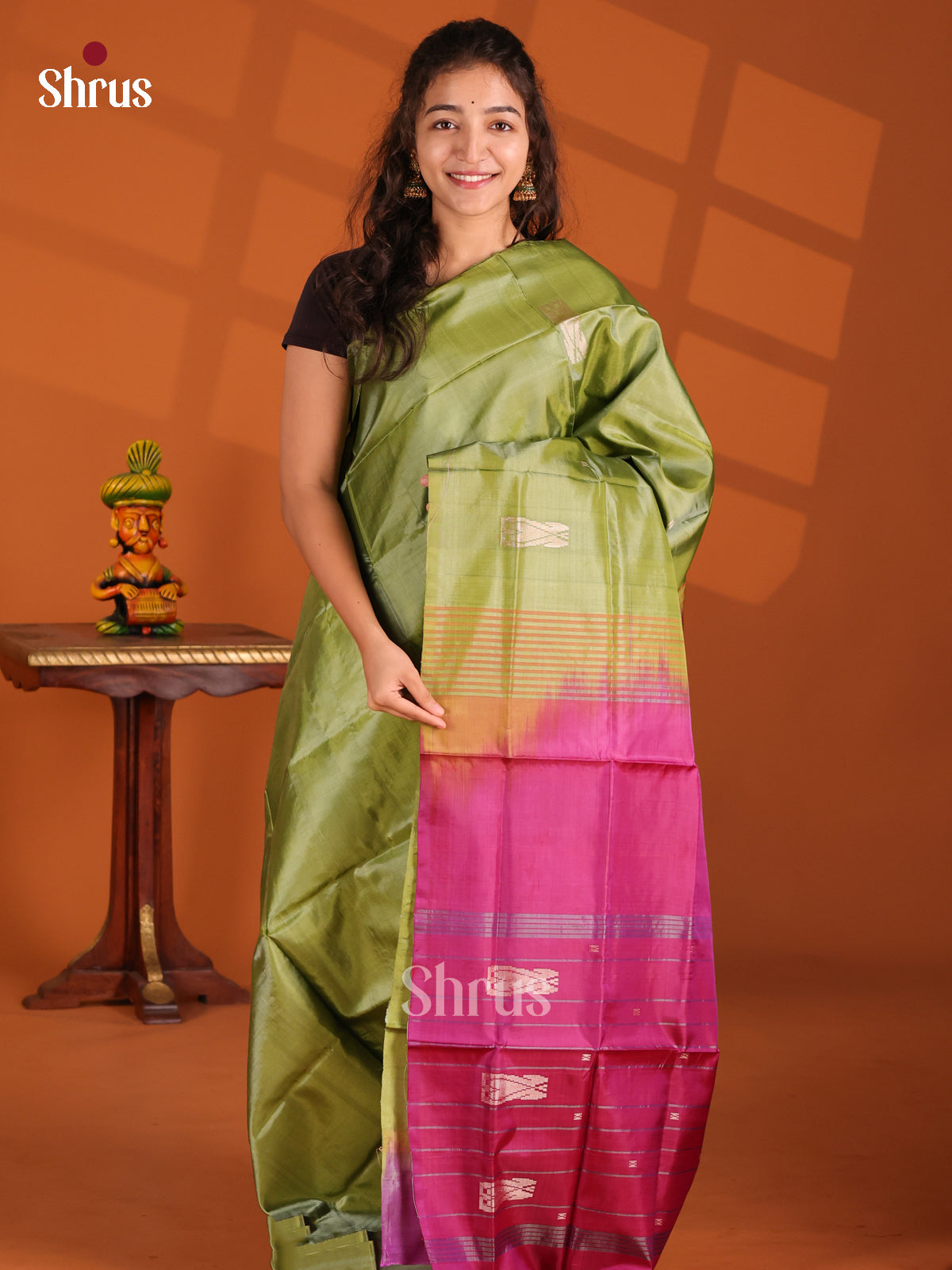 Green & Pink- Banana Pith Saree - Shop on Shrus.com
