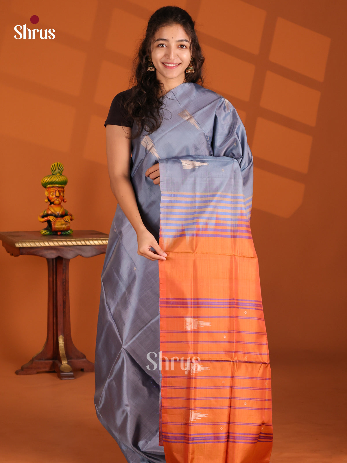 Grey & Orange - Banana Pith Saree - Shop on Shrus.com