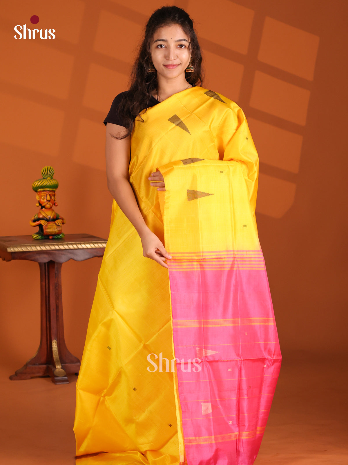 Yellow & Pink- Banana Pith Saree - Shop on Shrus.com