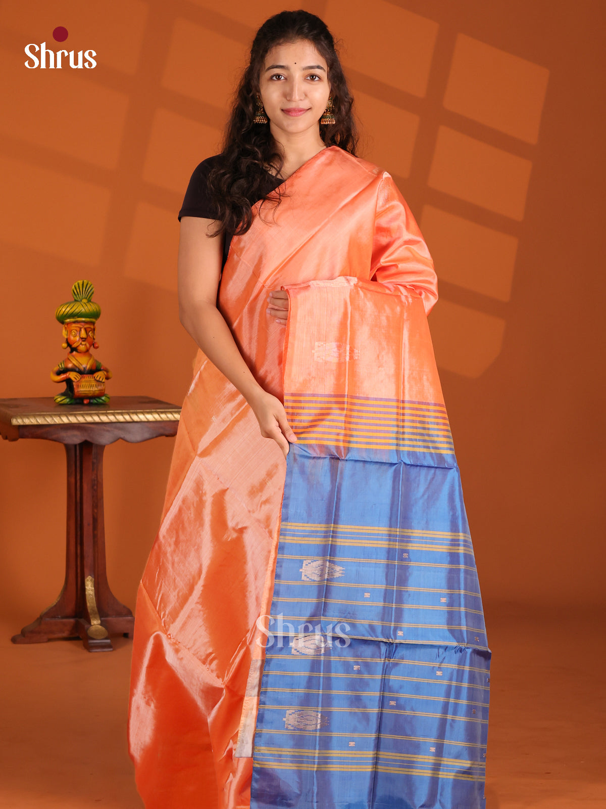 Peach & Blue- Banana Pith Saree - Shop on Shrus.com