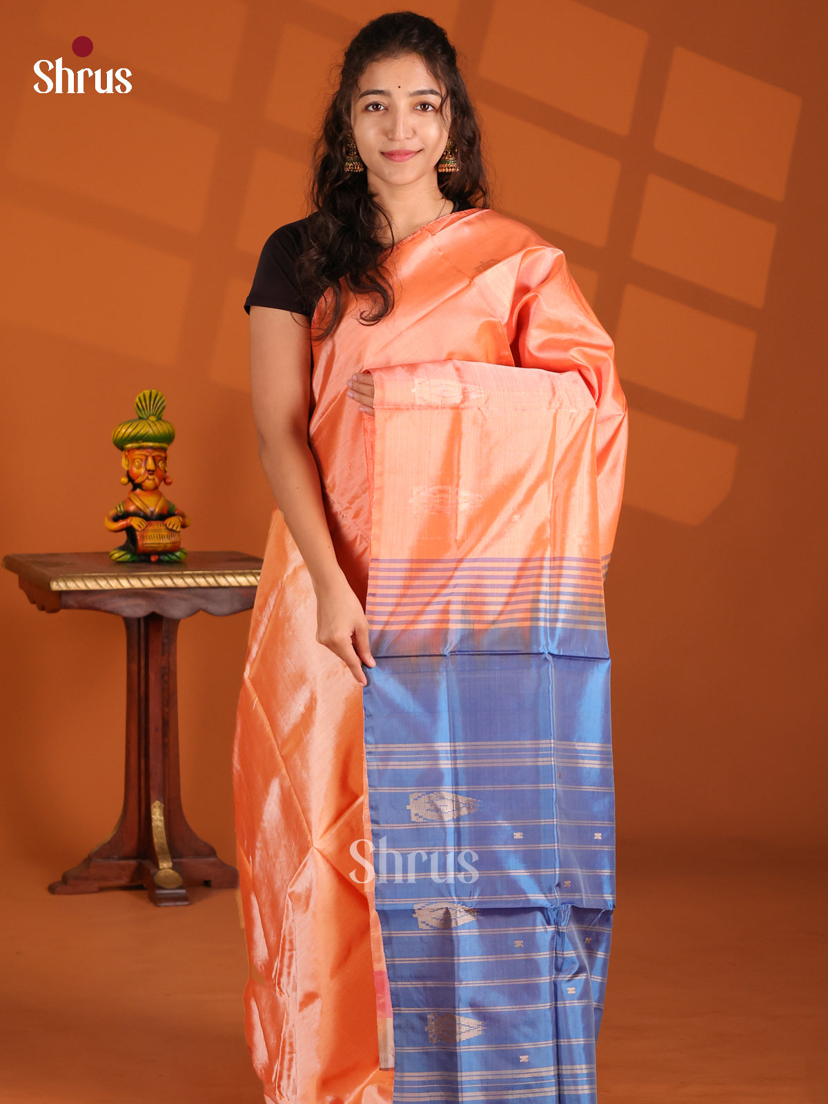 Peach & Blue- Banana Pith Saree - Shop on Shrus.com