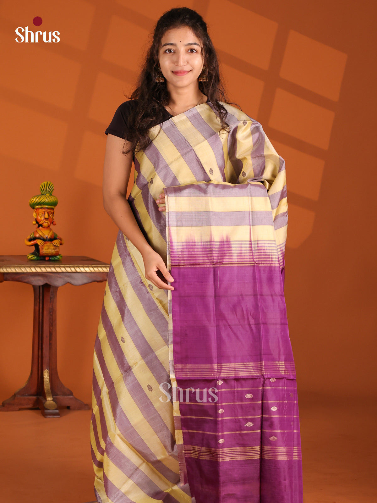 Yellow & Lavender- Banana Pith Saree - Shop on Shrus.com