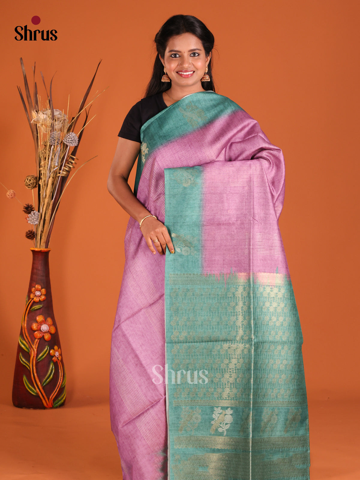 Lavender & Green- Semi Tussar Saree - Shop on Shrus.com