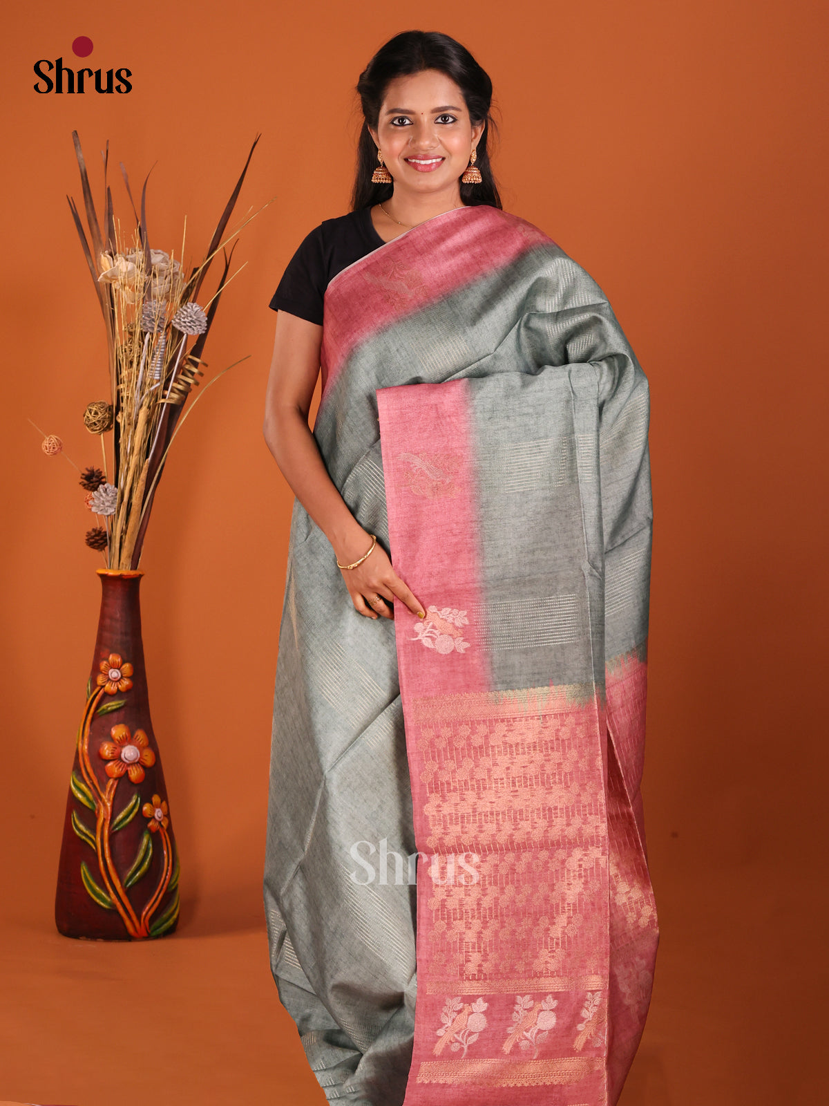 Grey & Pink - Semi Tussar Saree - Shop on Shrus.com