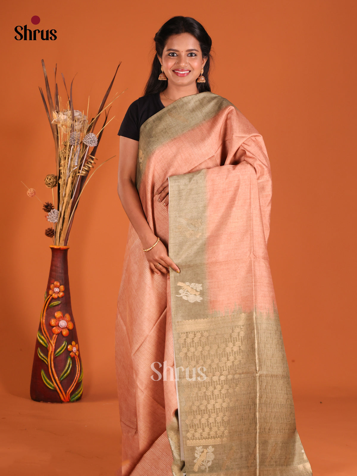 Dusty Brown & Grey - Semi Tussar Saree - Shop on Shrus.com