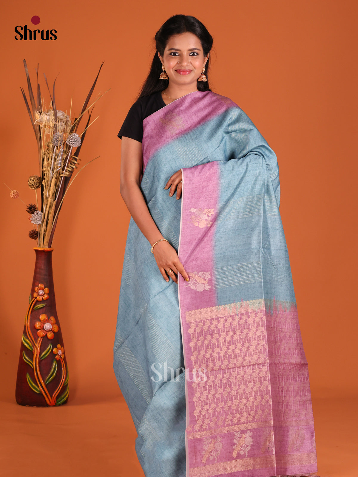 Blue & Lavender - Semi Tussar Saree