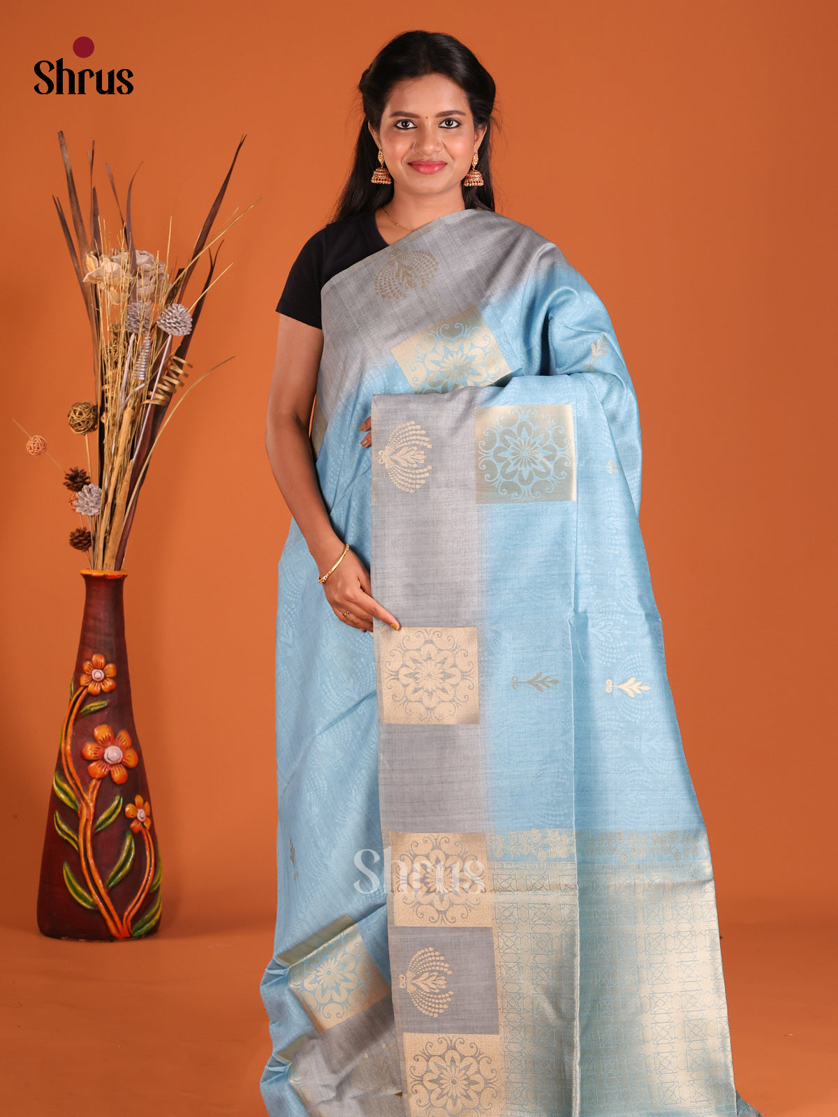 Blue & Grey - Semi Tussar Saree