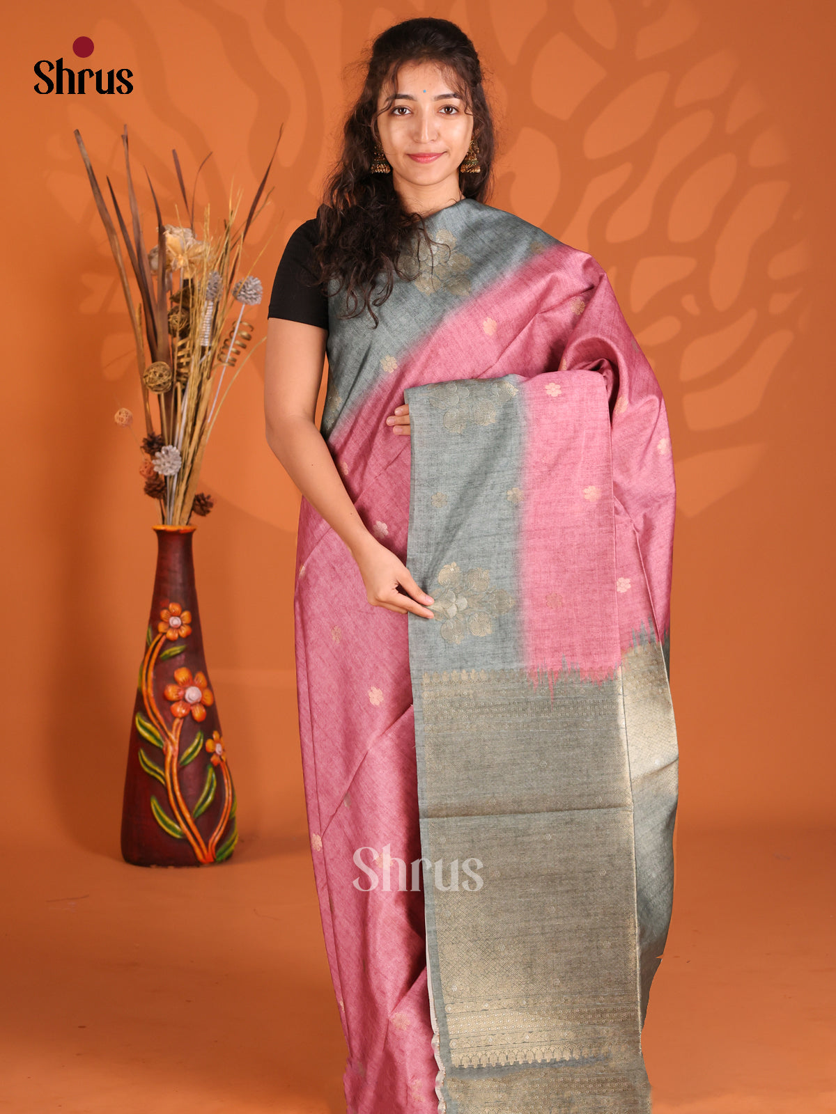 Pink & Grey - Semi Tussar Saree