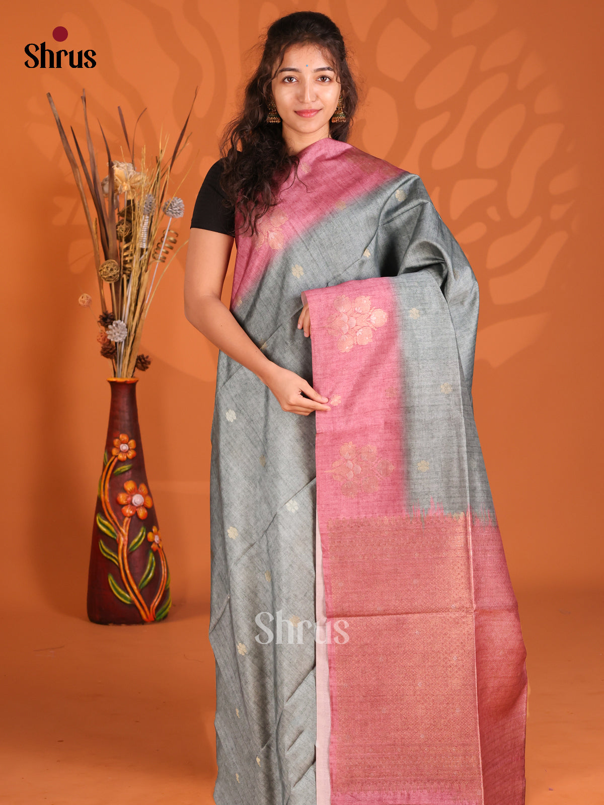 Grey - Semi Tussar Saree