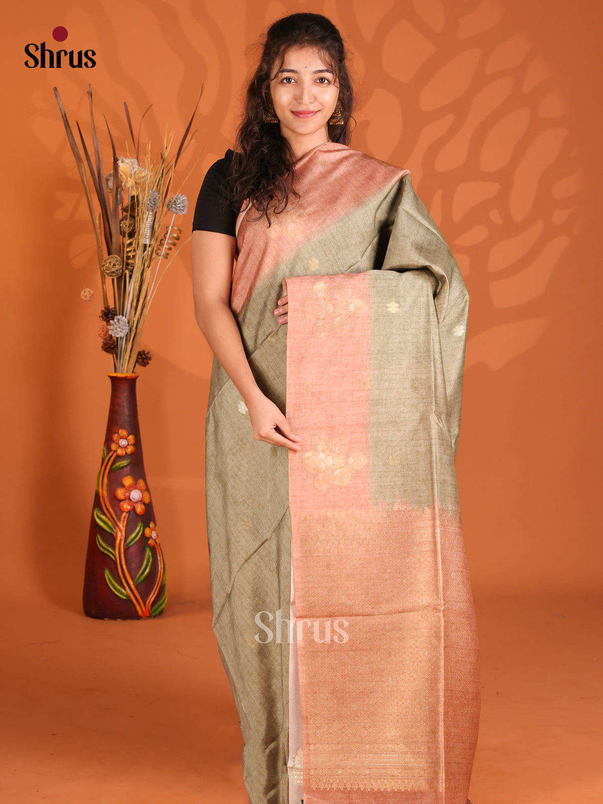 Grey & Brown - Semi Tussar Saree - Shop on Shrus.com