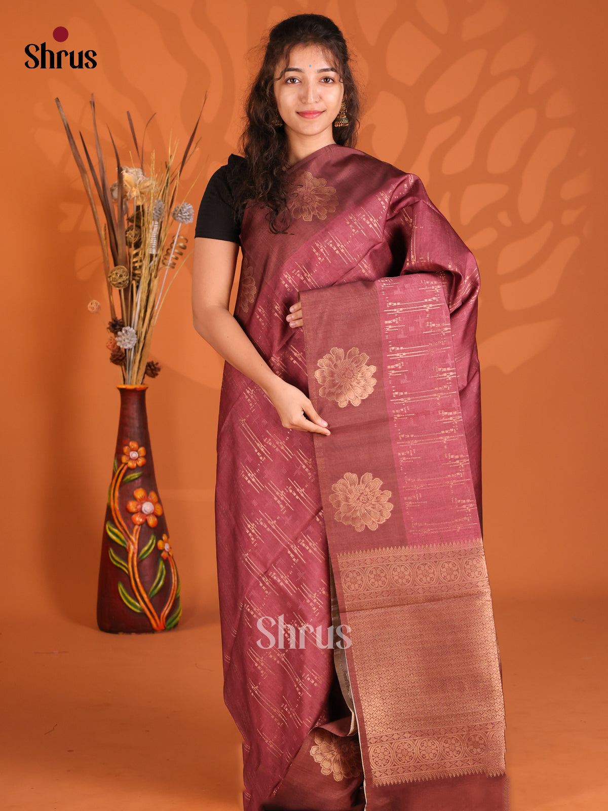 Maroon & brown - Semi Tussar Saree - Shop on Shrus.com