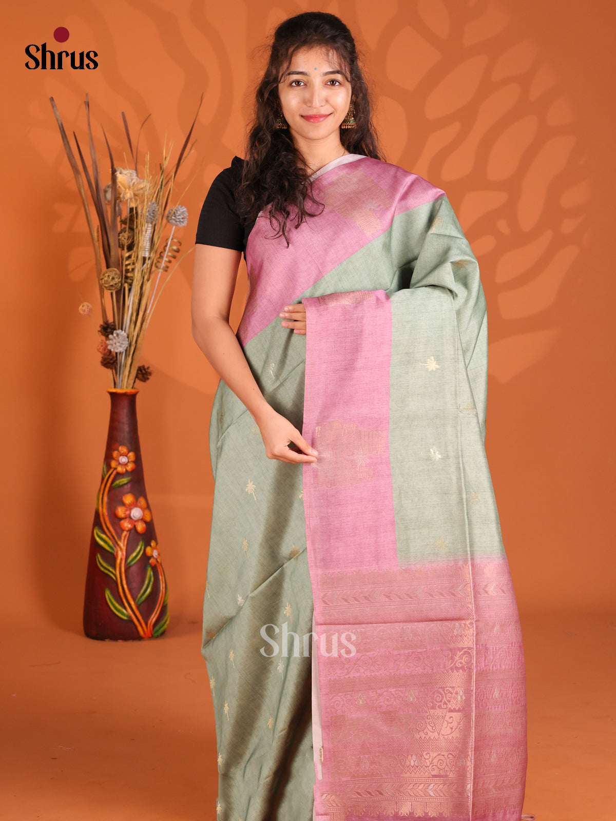 Pastel Green & Purple - Semi Tussar Saree - Shop on Shrus.com