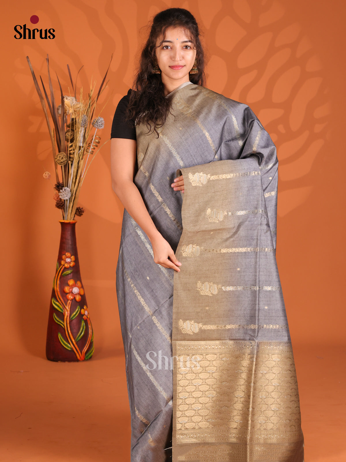 Light blue & Grey - Semi Tussar Saree - Shop on Shrus.com