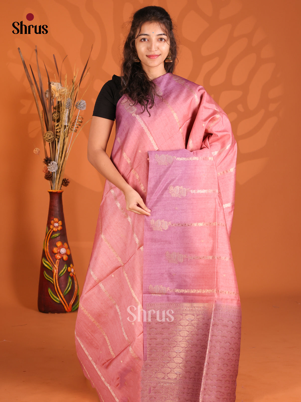 Pink & Lavender - Semi Tussar Saree - Shop on Shrus.com