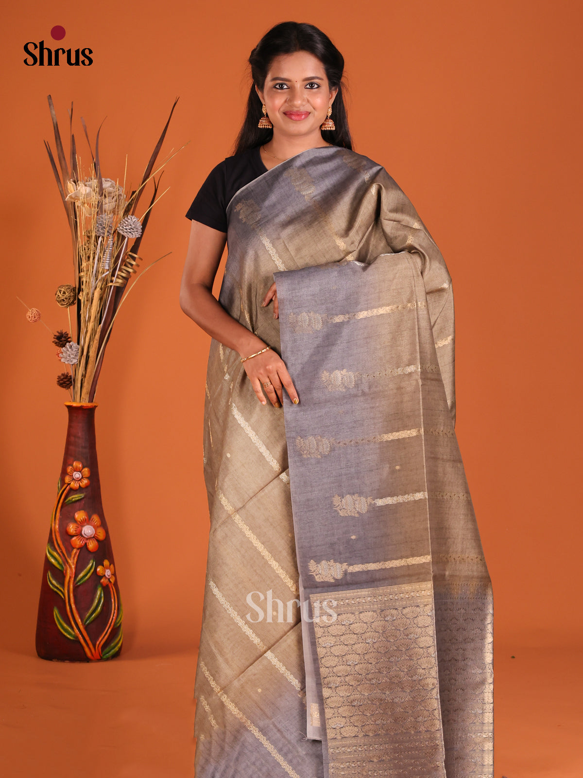 Grey & Blue - Semi Tussar Saree
