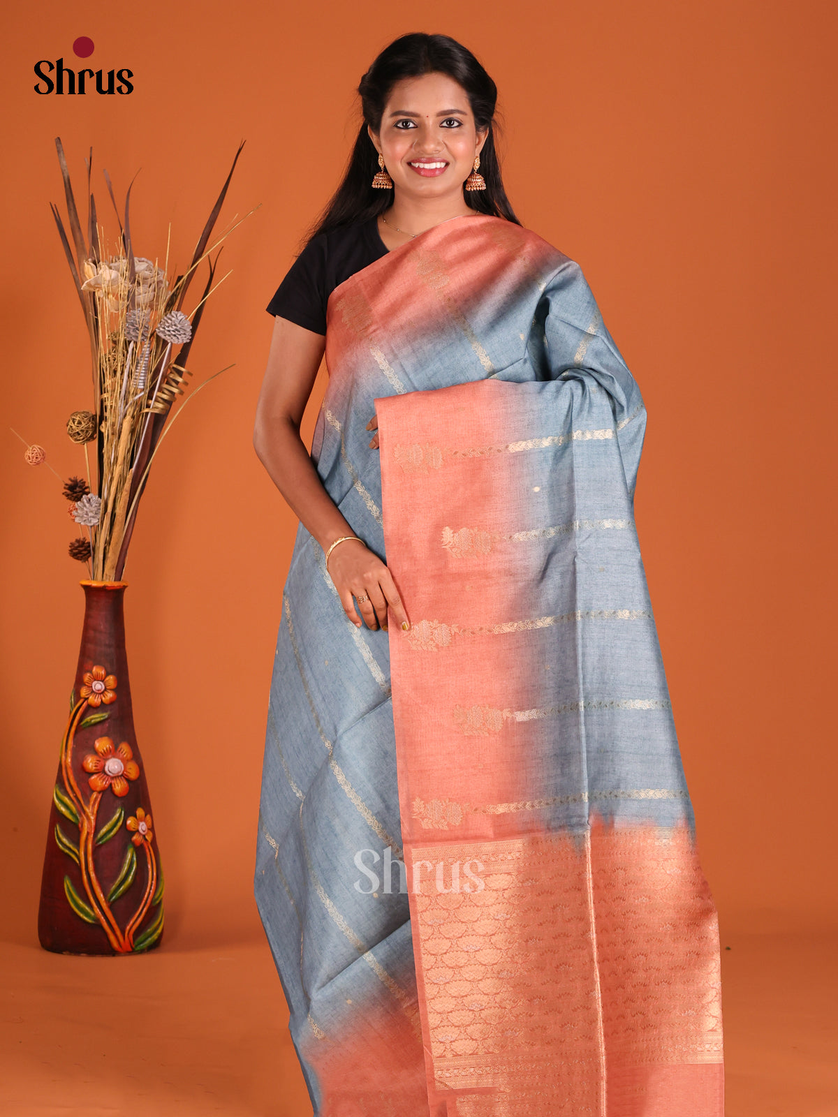 Blue & Peach - Semi Tussar Saree