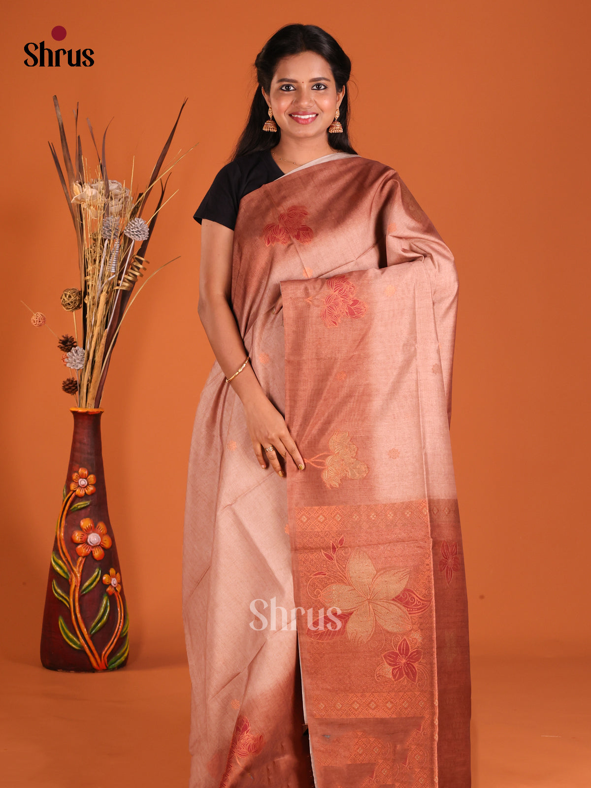 Dusty Brown & Brown- Semi Tussar Saree - Shop on Shrus.com