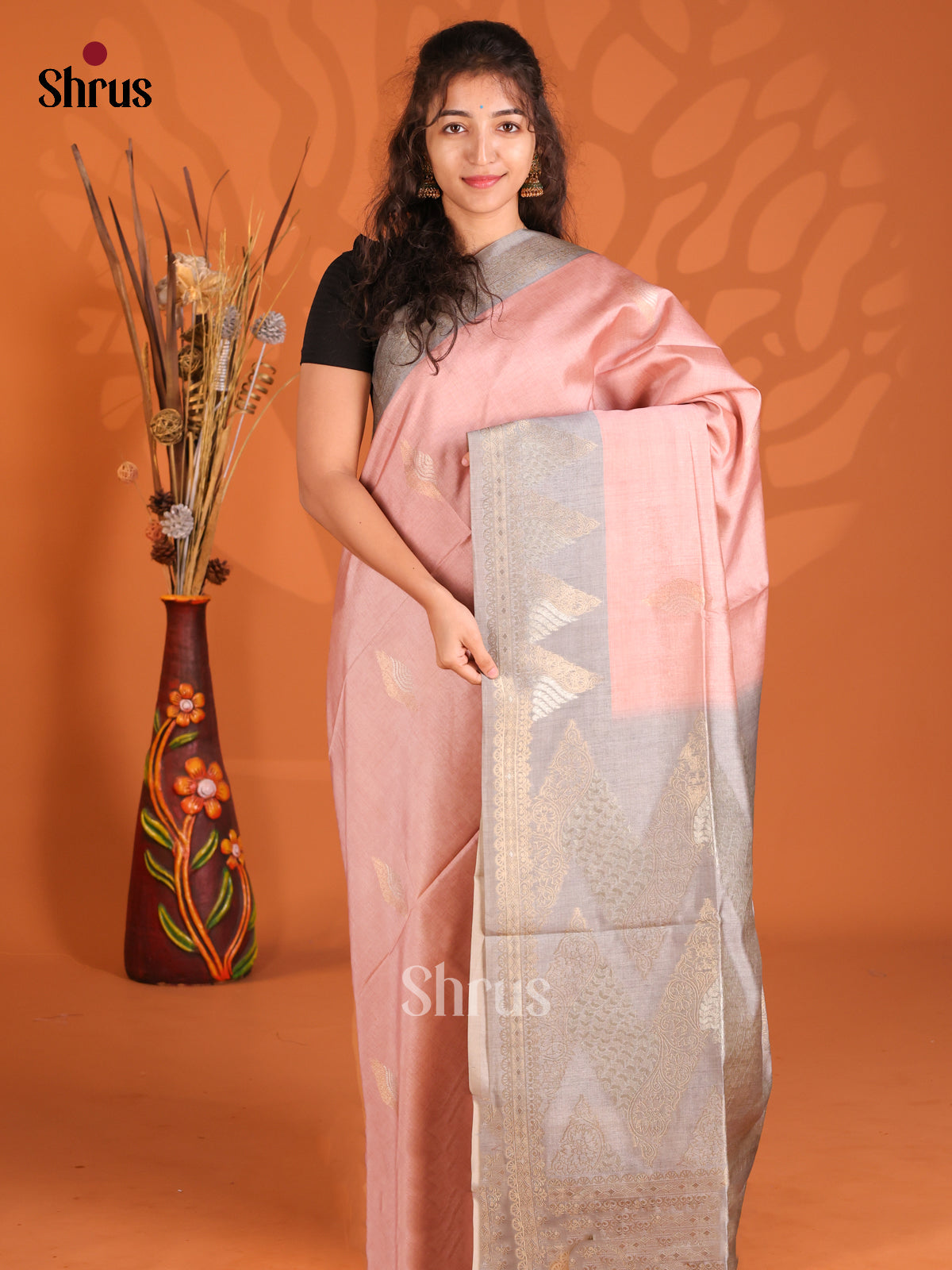 Dusty Pink & Grey - Semi Tussar Saree - Shop on Shrus.com