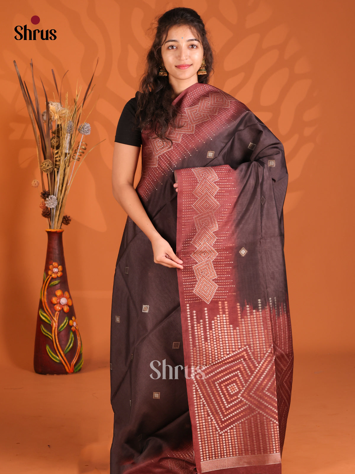 Dark Brown & Brown - Semi Tussar Saree - Shop on Shrus.com
