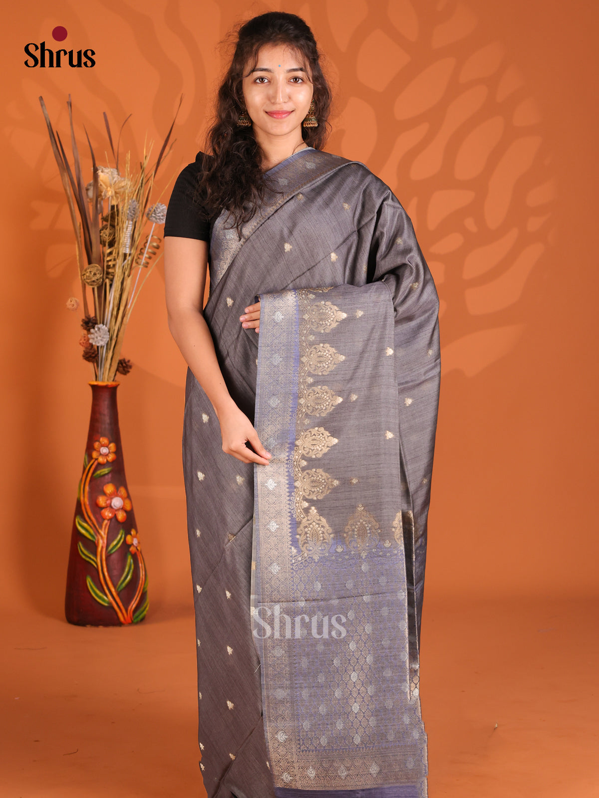 Grey & Purple - Semi Tussar Saree