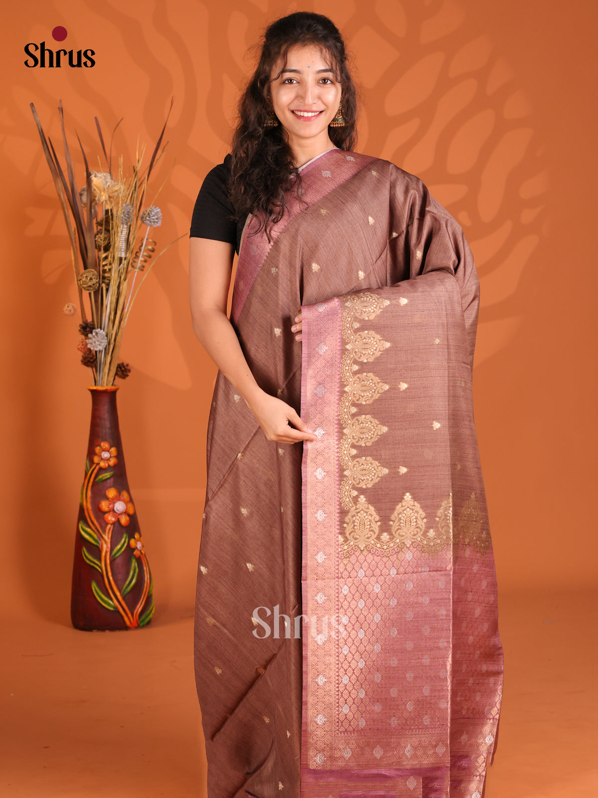 Brown & Maroon - Semi Tussar Saree
