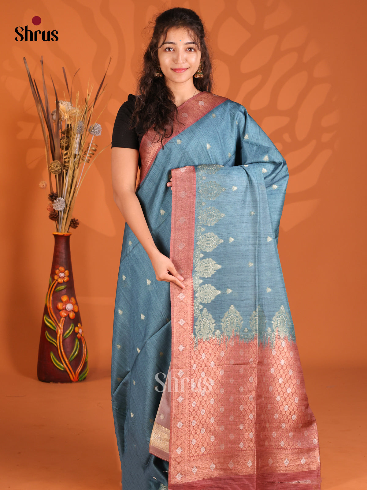 Blue & Arakku Maroon - Semi Tussar Saree