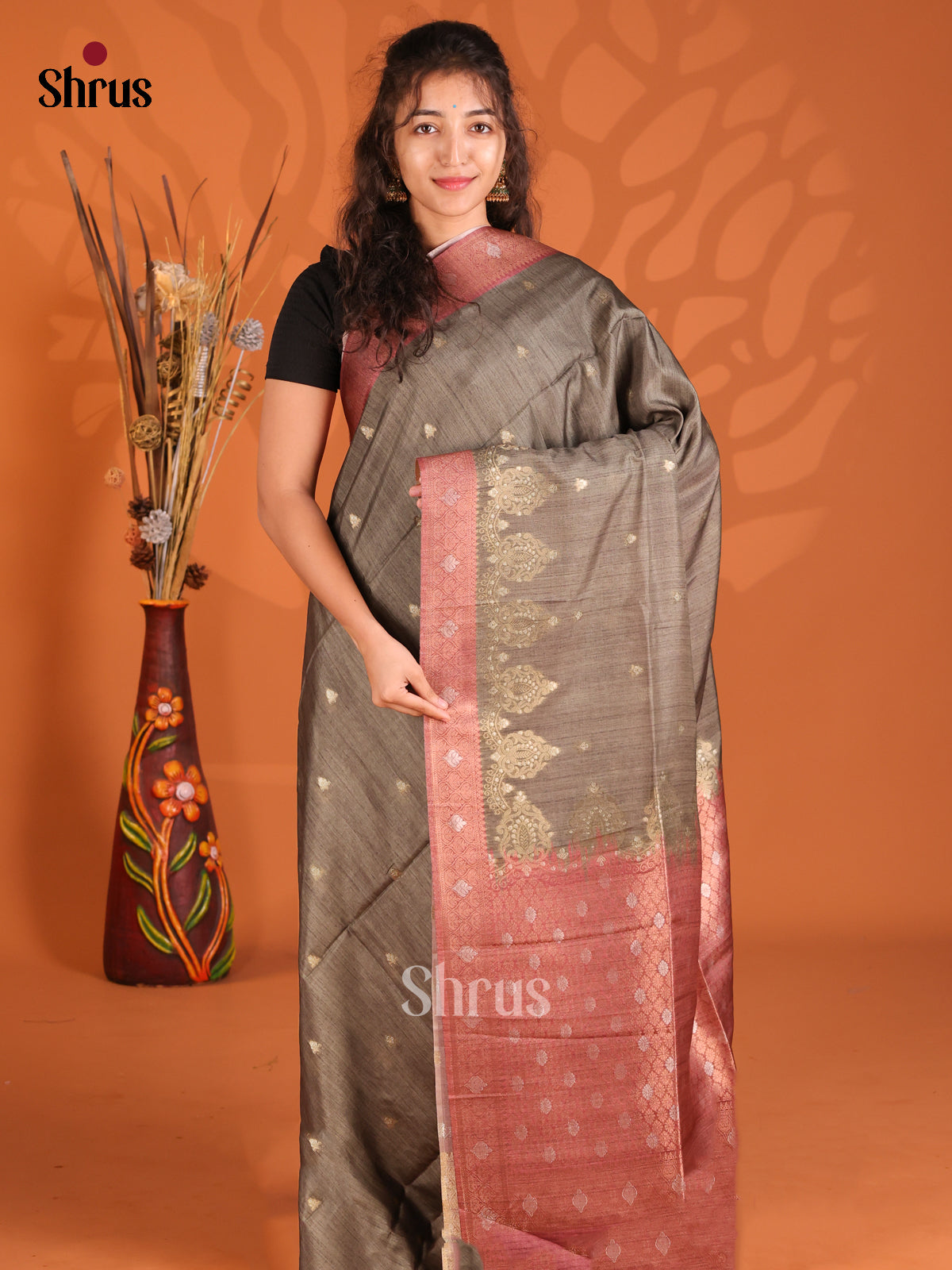 ELephant Grey & Maroon- Semi Tussar Saree - Shop on Shrus.com