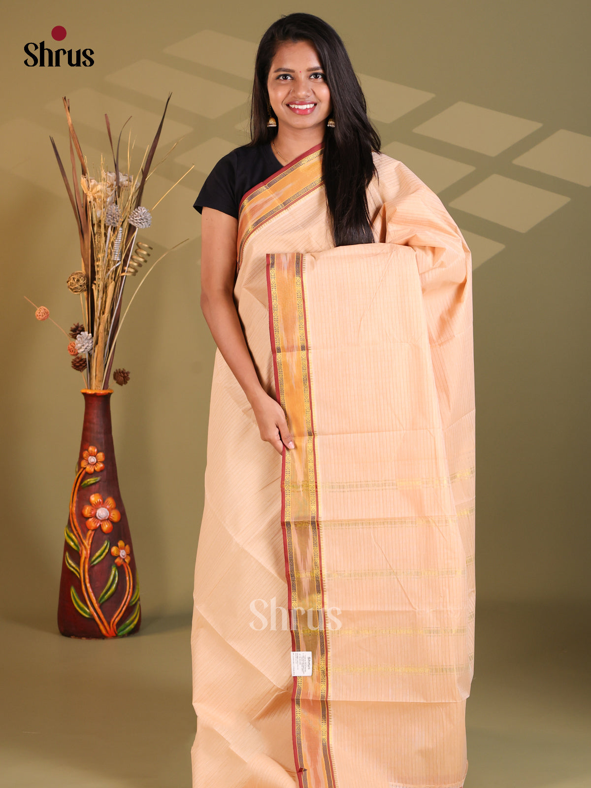 Peach & maroon - South Cotton Saree - Shop on Shrus.com