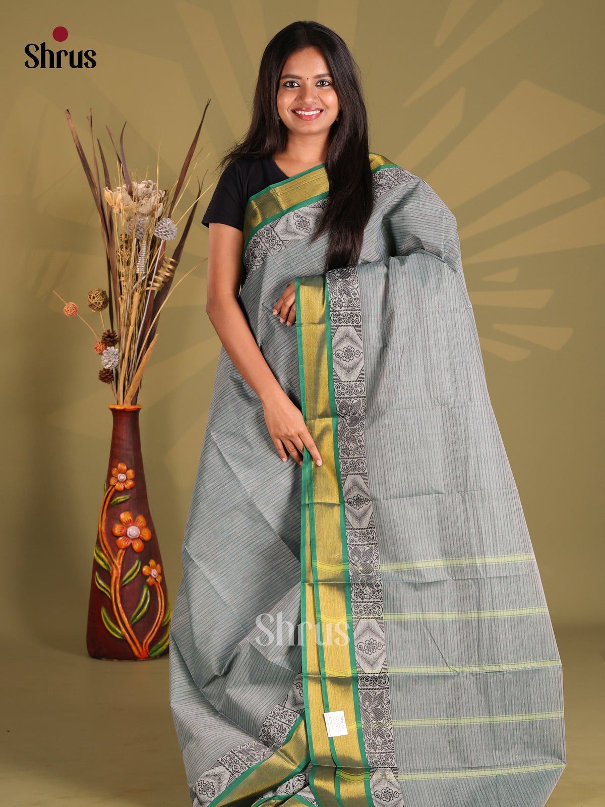 Grey & Green - South Cotton Saree - Shop on Shrus.com