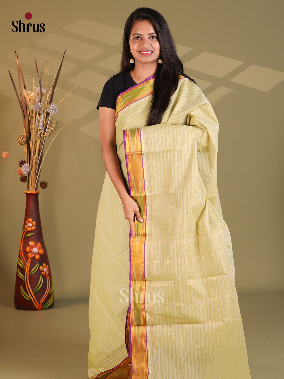 Pastel Green & Violet - South Cotton Saree - Shop on Shrus.com