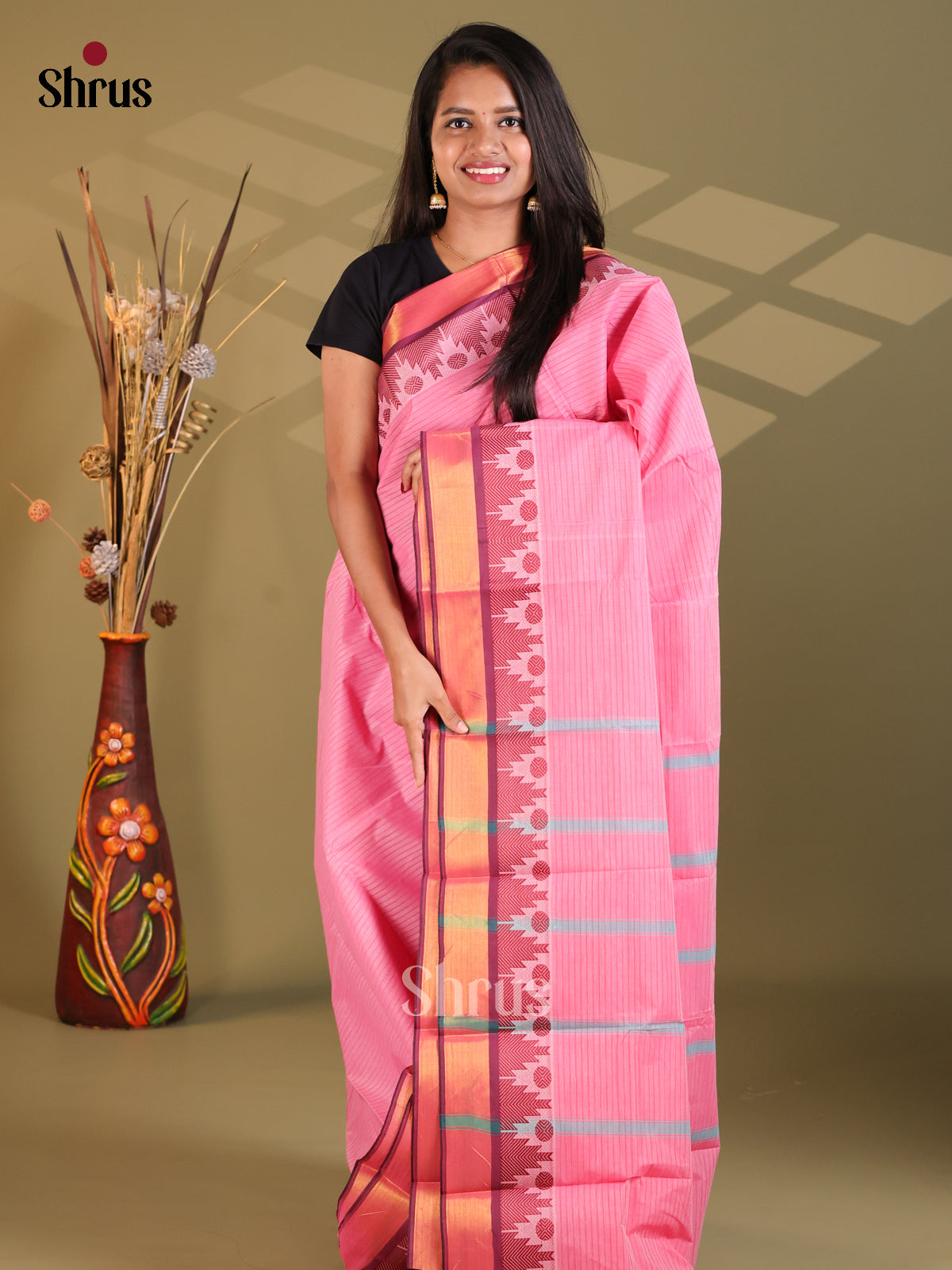 Pink & Maroon - South Cotton Saree