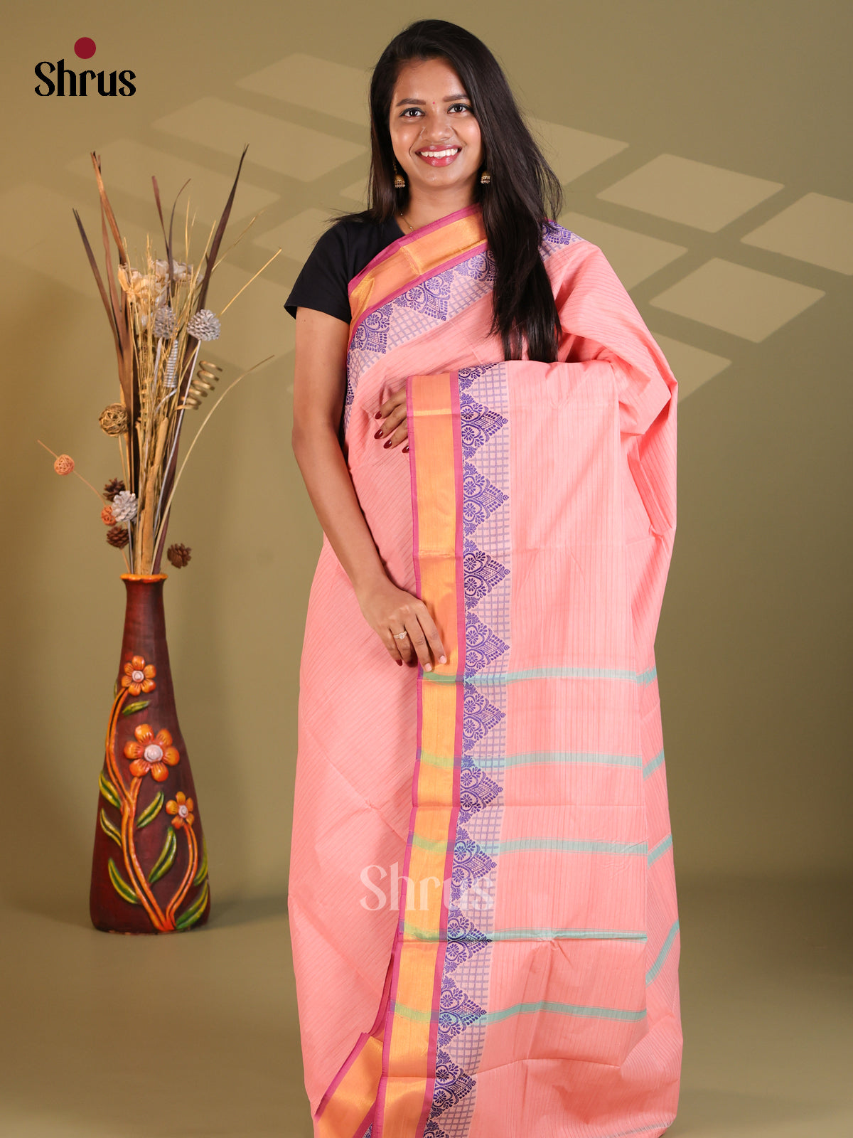 Pastel Pink & Pink - South Cotton Saree - Shop on Shrus.com
