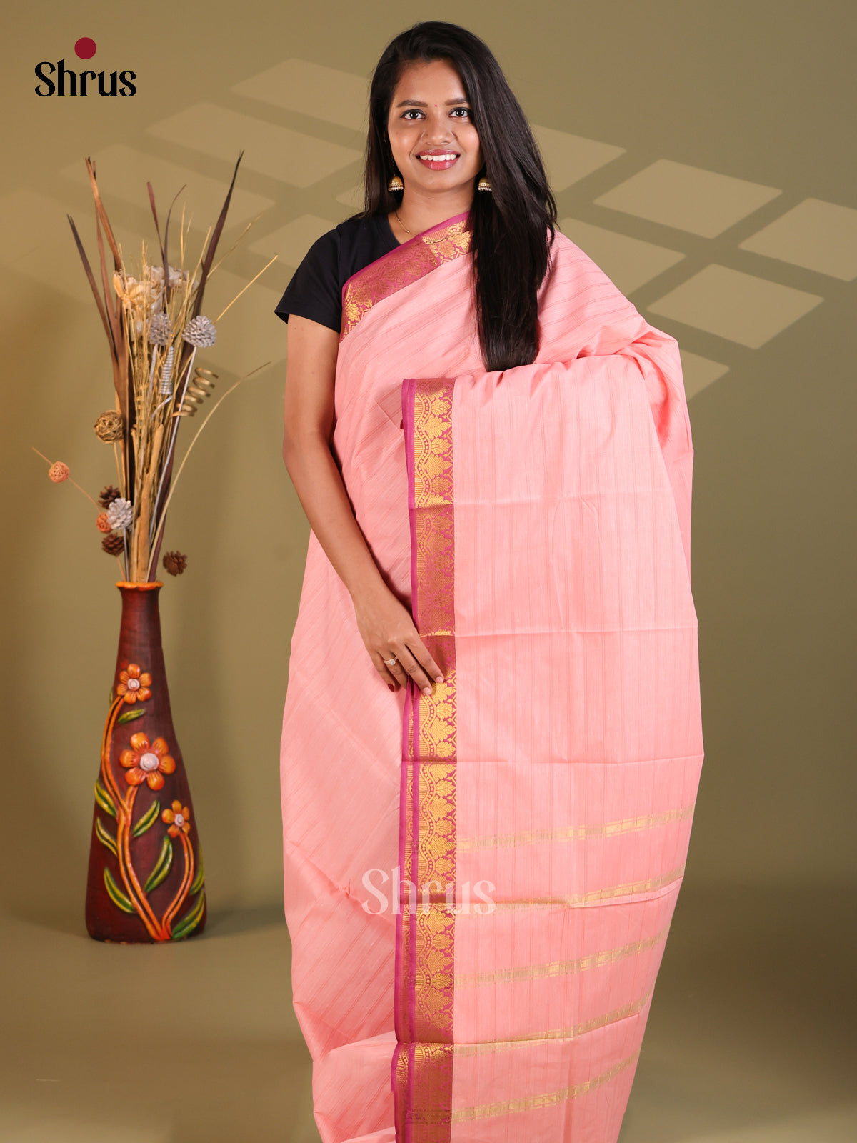 Baby Pink & Pink - South Cotton Saree